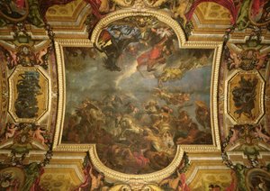1673年にマーストリヒトを13日間撮影した王と1672年に敵の存在下でライン川を通過した王の眺め、ギャルリーデグレースの天井画、1678-86（379737も参照）